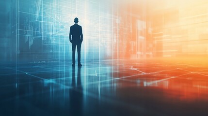 Businessman contemplates futuristic digital interface