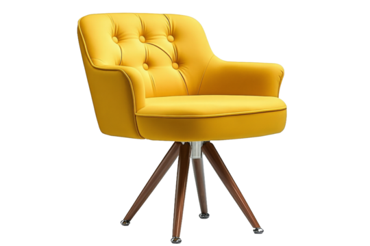 A vibrant yellow armchair with a tufted design, set against a minimalist backdrop, showcasing its modern aesthetic and suitability for contemporary interior decor