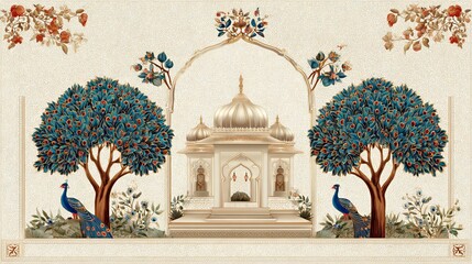 Indian wedding invite design with Mughal arch peacock and floral elements