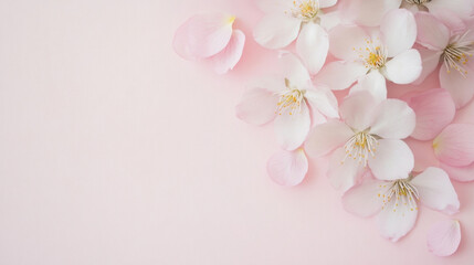 Delicate pink blossoms and petals scattered on a soft pink background, creating a serene and romantic floral arrangement. : Generative AI