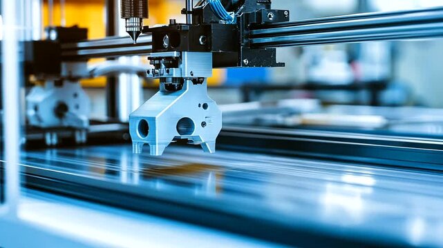 A metallic, high-precision robotic machine part moves quickly above a reflective, blue-toned industrial surface