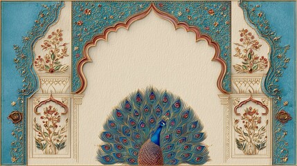 Indian wedding invite design with Mughal arch peacock and floral elements