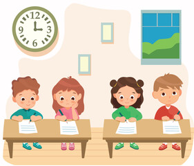 a set of students at their desks, a children's vector illustration. background for the mobile app. a day at school, studying.
