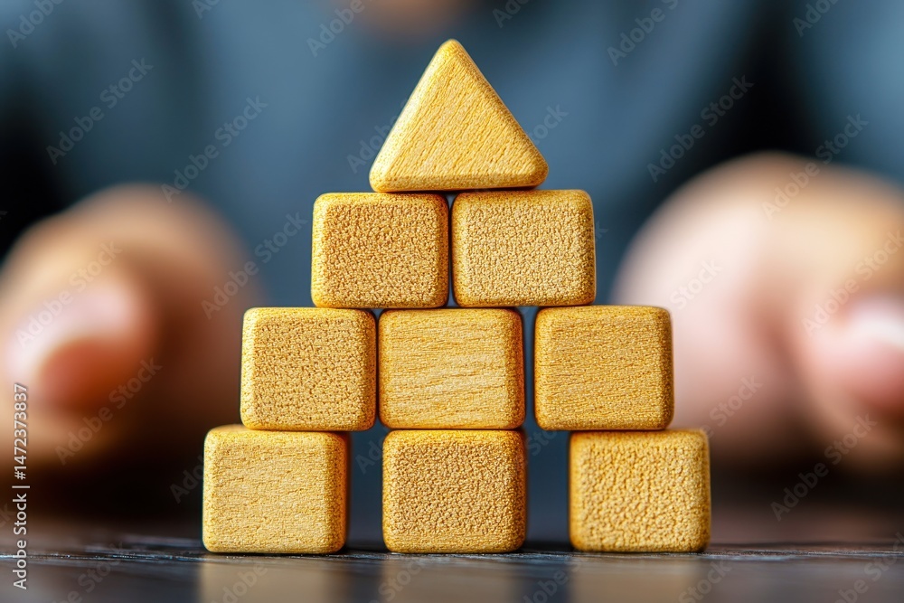 Poster creative arrangement of wooden building blocks forming a pyramid shape in a soft focus environment f