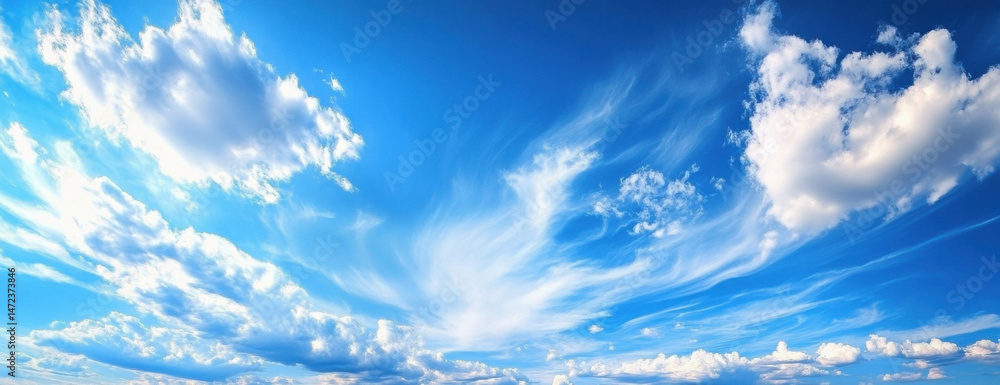 Aufkleber A panoramic view of a vibrant blue sky adorned with fluffy cumulus clouds and wispy cirrus clouds, creating a breathtaking celestial landscape. : Generative AI