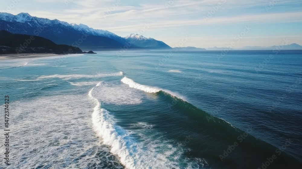 Poster aerial view of a powerful ocean wave breaking near a snow-capped mountain range on a sunny day, show
