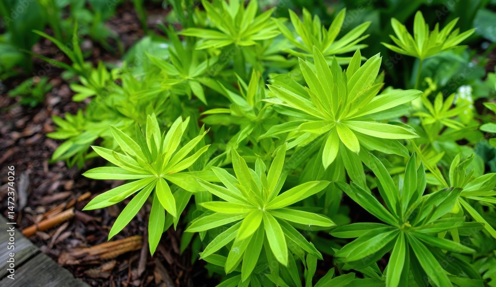 Poster vibrant lime green foliage of a thriving lupine plant, showcasing its intricate leaf structure and l
