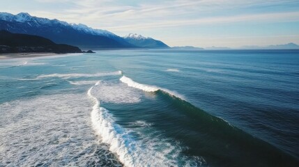 Aerial view of a powerful ocean wave breaking near a snow-capped mountain range on a sunny day, showcasing the dramatic contrast between the deep blue water and the white foam. : Generative AI