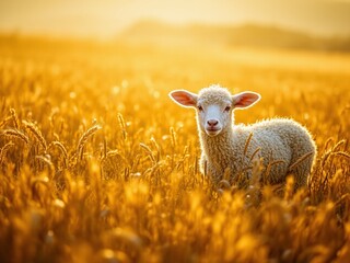 Lamb Grazing in Sunlit Golden Wheat Field