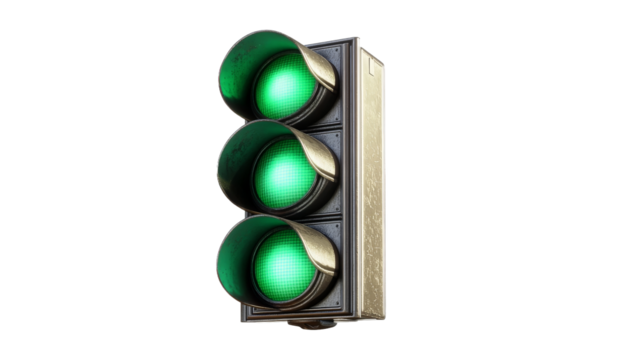 A vintage traffic light displaying three illuminated green signals, symbolizing go and safety for vehicles, set against a plain background, ideal for urban planning and traffic management visuals