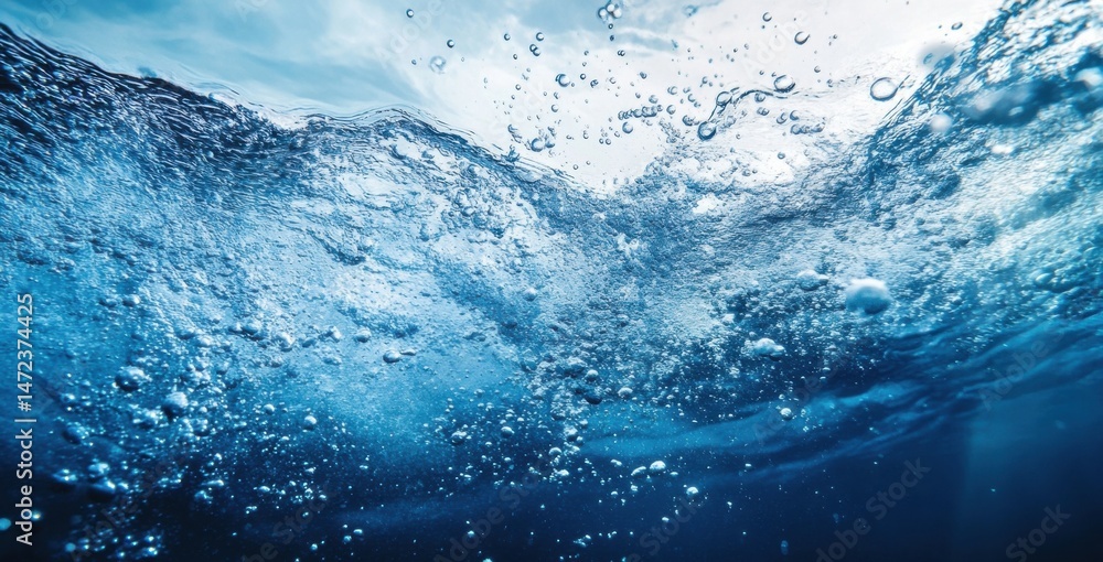 Aufkleber Underwater scene showing a wave breaking the surface with numerous air bubbles rising towards the sunlight, creating a dynamic and vibrant underwater image. : Generative AI