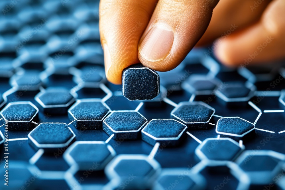 Poster hand placing a hexagonal shape on a blue and black pattern background representing innovative materi