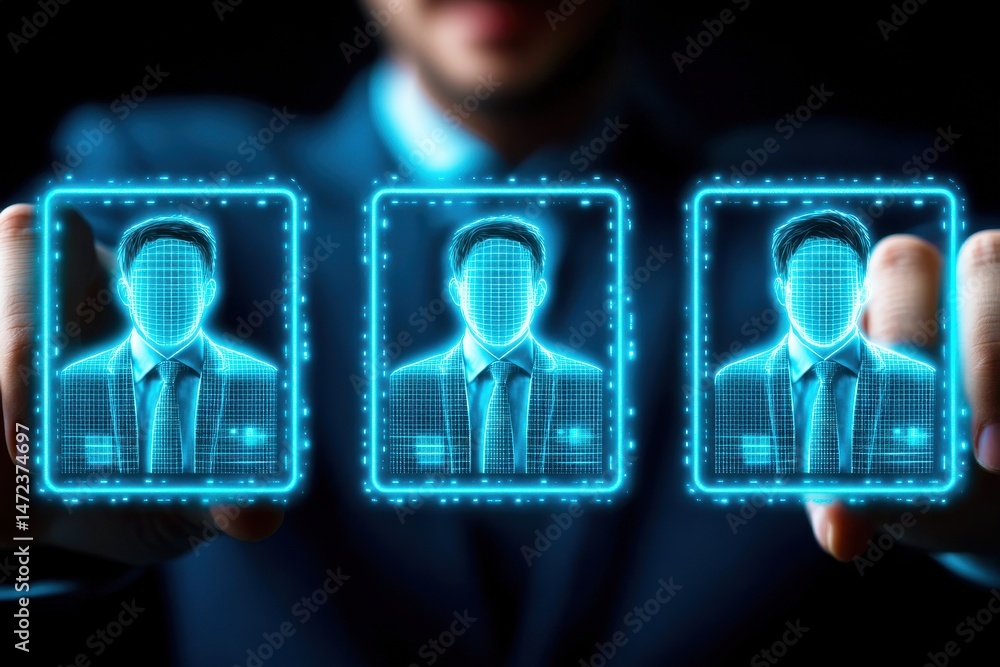 Poster digital avatar selection process showcasing futuristic technology, identity verification, and person