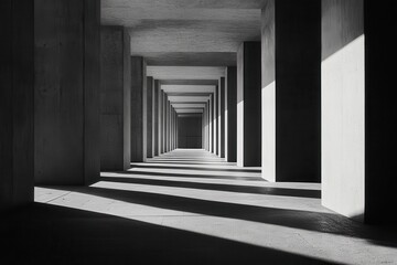 Concrete colonnade, sunlit shadows