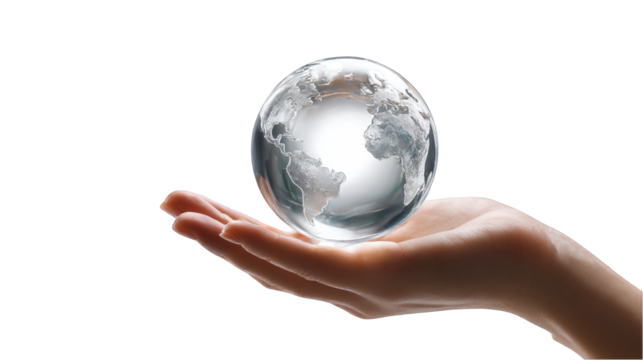 A delicate hand gently cradles a crystal globe showcasing a detailed world map reflecting global interconnectedness and on transparent background care