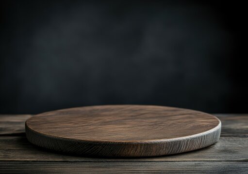 Empty round wooden board on dark brown rustic table against a blurred dark background, perfect for product display or food photography. : Generative AI