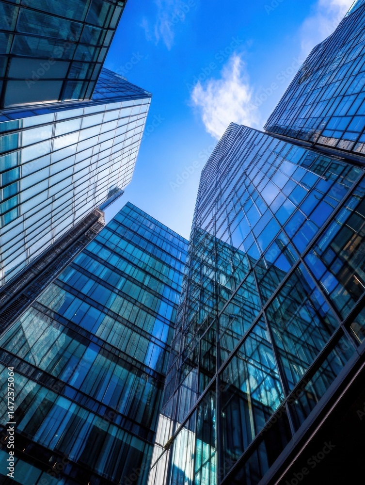 Aufkleber Modern glass skyscrapers ascend towards a vibrant blue sky, their reflective surfaces capturing the sunlight and clouds.  A low-angle perspective emphasizes their towering height and a : Generative AI