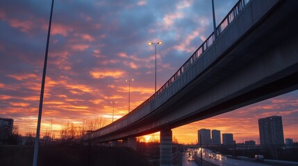 Obraz premium Elevated highway at sunset, city skyline visible through concrete structure, vibrant orange and purple sky, traffic below. : Generative AI