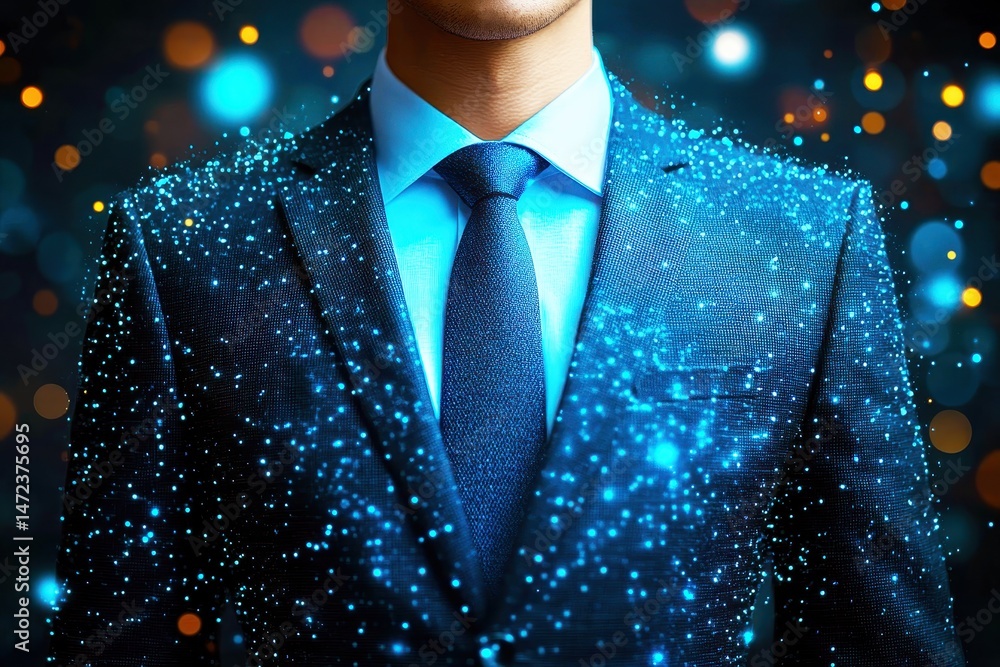 Poster elegant business suit with blue hues and shimmering particles creating a modern digital effect for c