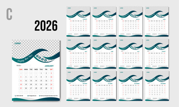 2026 Modern corporate wall calendar design template. Monthly calendar design for 2026. Natural and minimalist wall calendar template 2026 week started on sun day with 12 month included. 