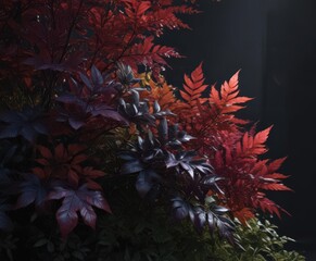 Intricate dark foliage, vibrant jewel-toned leaves, shadows  , background, illustration, leaves