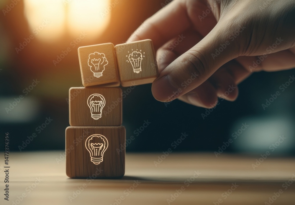 Aufkleber hand placing wooden cube with lightbulb icon, symbolizing idea generation and innovative solutions f