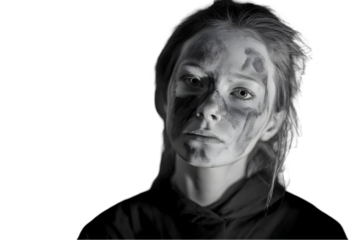 Dramatic black and white portrait of a young woman with artistic face paint mysterious moody girl on transparent background dark