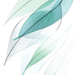 A serene composition of translucent leaves in varying shades of green and blue, gracefully overlapping against a soft black background, evoking a sense of tranquility and nature's beauty