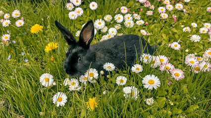 Black baby- rabbit Bunny outdoor in beautiful meadow with marguerite daisy flowers in spring close-up © Антонина Шатревич