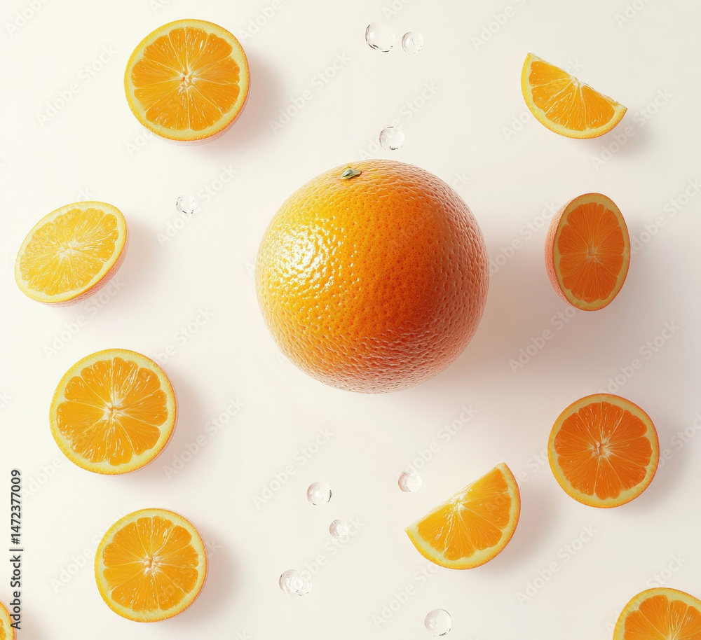 Aufkleber a whole orange and several segments arranged on a white background, creating a vibrant and refreshin