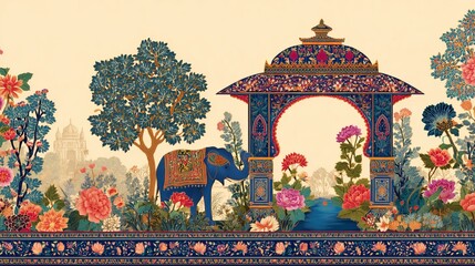 Mughalstyle garden with arch elephant and floral pattern Vector invite design