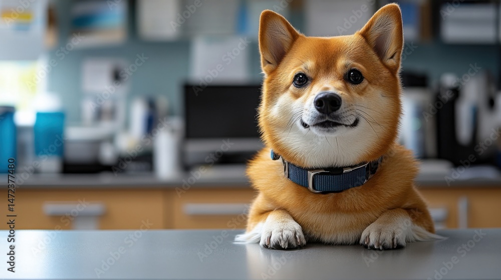 Poster adorable shiba inu dog rests paws on a table in a veterinary clinic, looking directly at the camera 