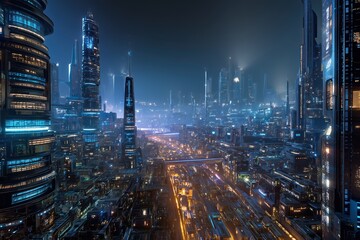 Fototapeta premium Cityscape At Night Illuminated Buildings And Neon Lights