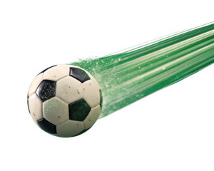 Fast soccer ball on green background, PNG