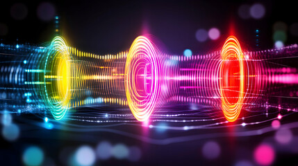 Vibrant, colorful, concentric rings pulsate with light, creating a dynamic, abstract wave-like pattern against a dark background