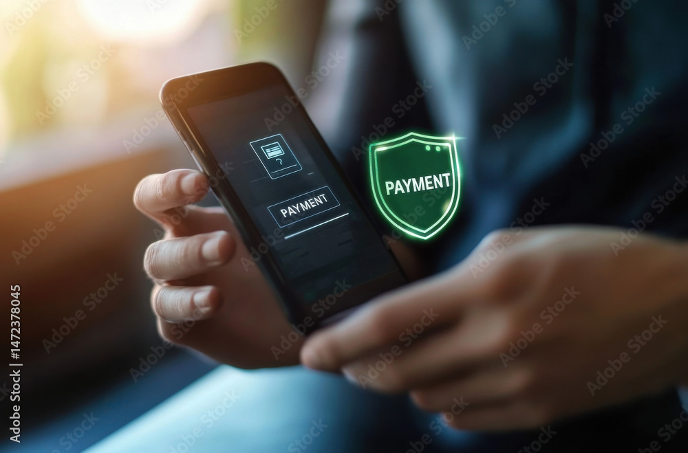 Poster Person making secure online payment using smartphone app, digital shield icon indicates secure transaction process. : Generative AI