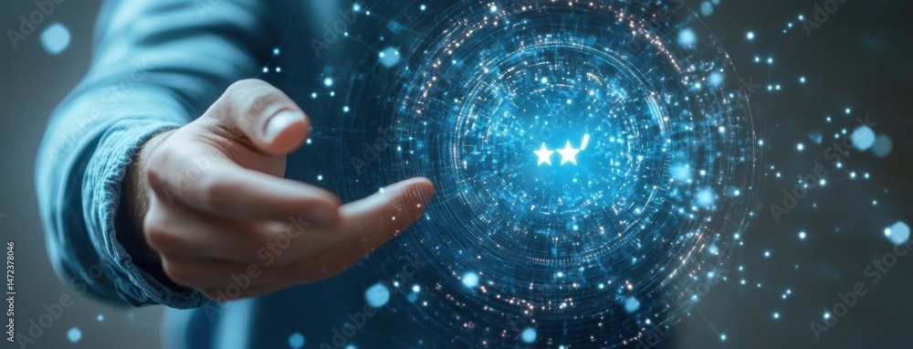 Poster Person interacting with a digital sphere showing two glowing stars, representing online rating or customer feedback. : Generative AI