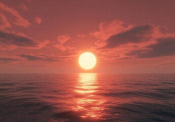 Obraz premium Serene sunset over calm ocean waters, a large sun descends below the horizon, casting a warm red glow on the clouds and sea. : Generative AI
