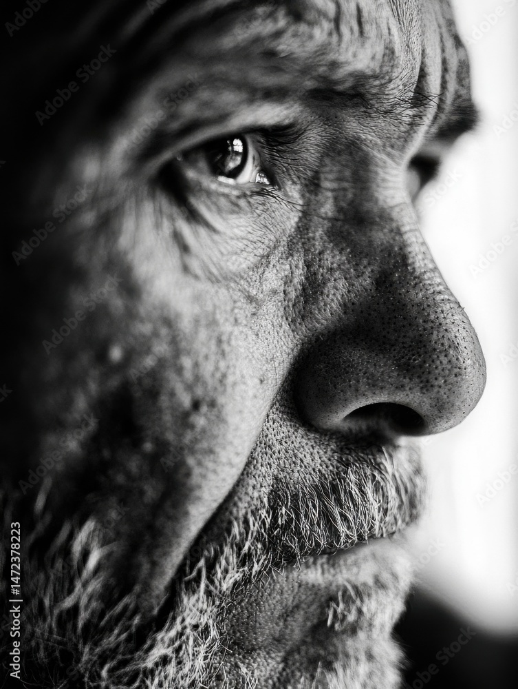 Poster close-up black and white portrait of an elderly man's weathered face, showing deep lines, wrinkles, 