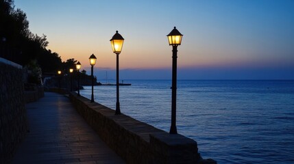 Serene coastal path at twilight, illuminated by warm lamplight, offering a tranquil seaside ambiance with calm waters and a picturesque shoreline. : Generative AI