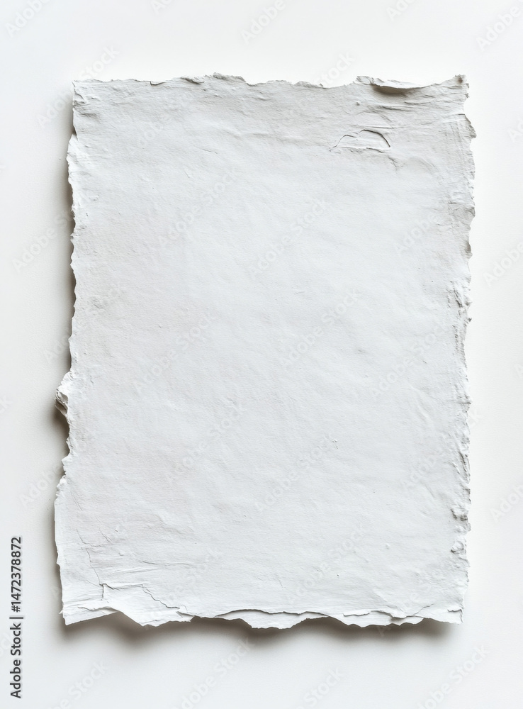 Poster a single sheet of textured, off-white handmade paper with deckled edges rests on a white background,