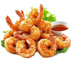 A vibrant plate of crispy fried shrimp garnished with fresh lettuce, accompanied by a small bowl of dipping sauce, set against a clean white background, ideal for culinary promotions