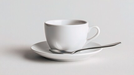 Simple White Coffee Cup with Saucer and Spoon on Neutral Background