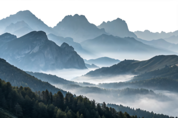 foggy mountains panorama landscape isolated on white background, PNG