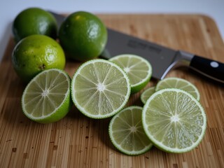 Limes and Knife on Wooden Chopping Board
