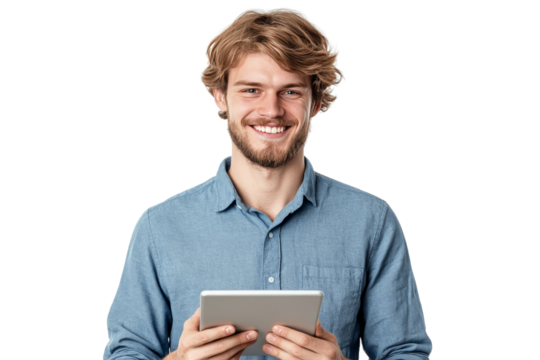 Smiling young man holding a tablet, standing against a plain background, showcasing a relaxed and friendly demeanor, ideal for technology and lifestyle themes