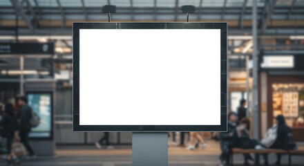 Blank Digital Billboard Mockup in Modern Public Transport Hub.