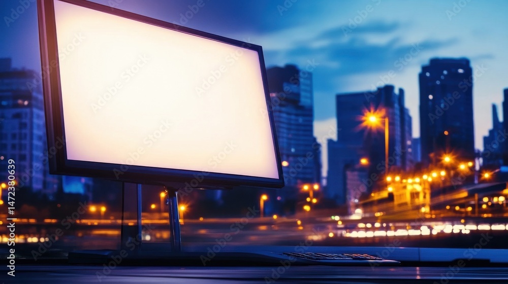 Poster blank computer monitor screen glows brightly against a blurred city night backdrop, showcasing urban