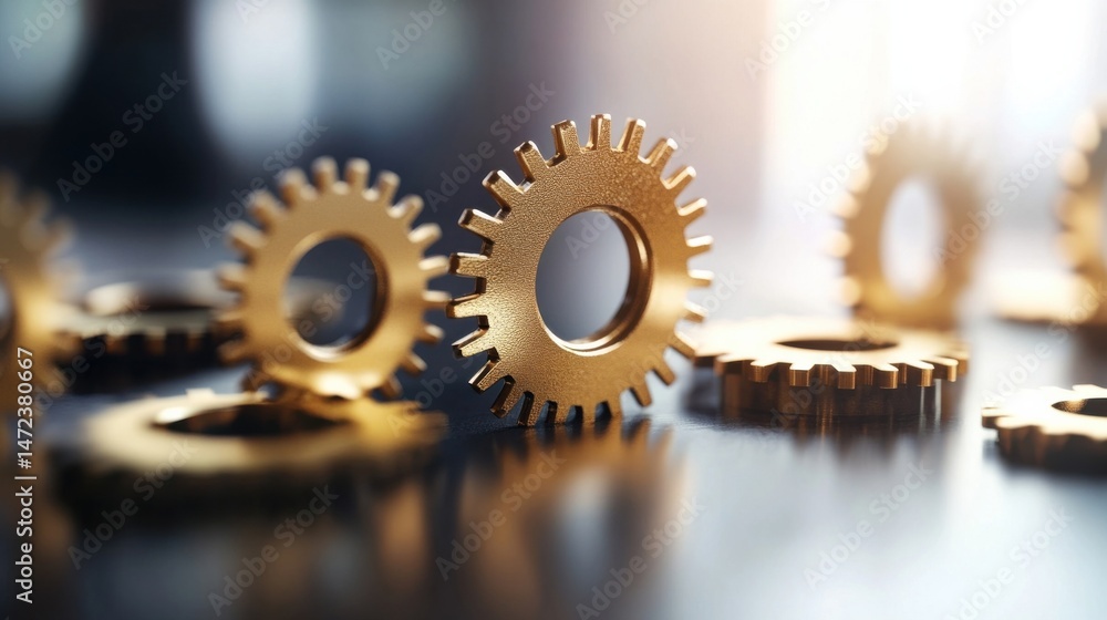 Poster close-up of golden gears interlocked, symbolizing teamwork, collaboration, and precision engineering