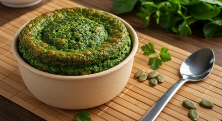 Spinach souffle in brown bowl served with pumpkin seeds and fresh leaves on bamboo mat with spoon